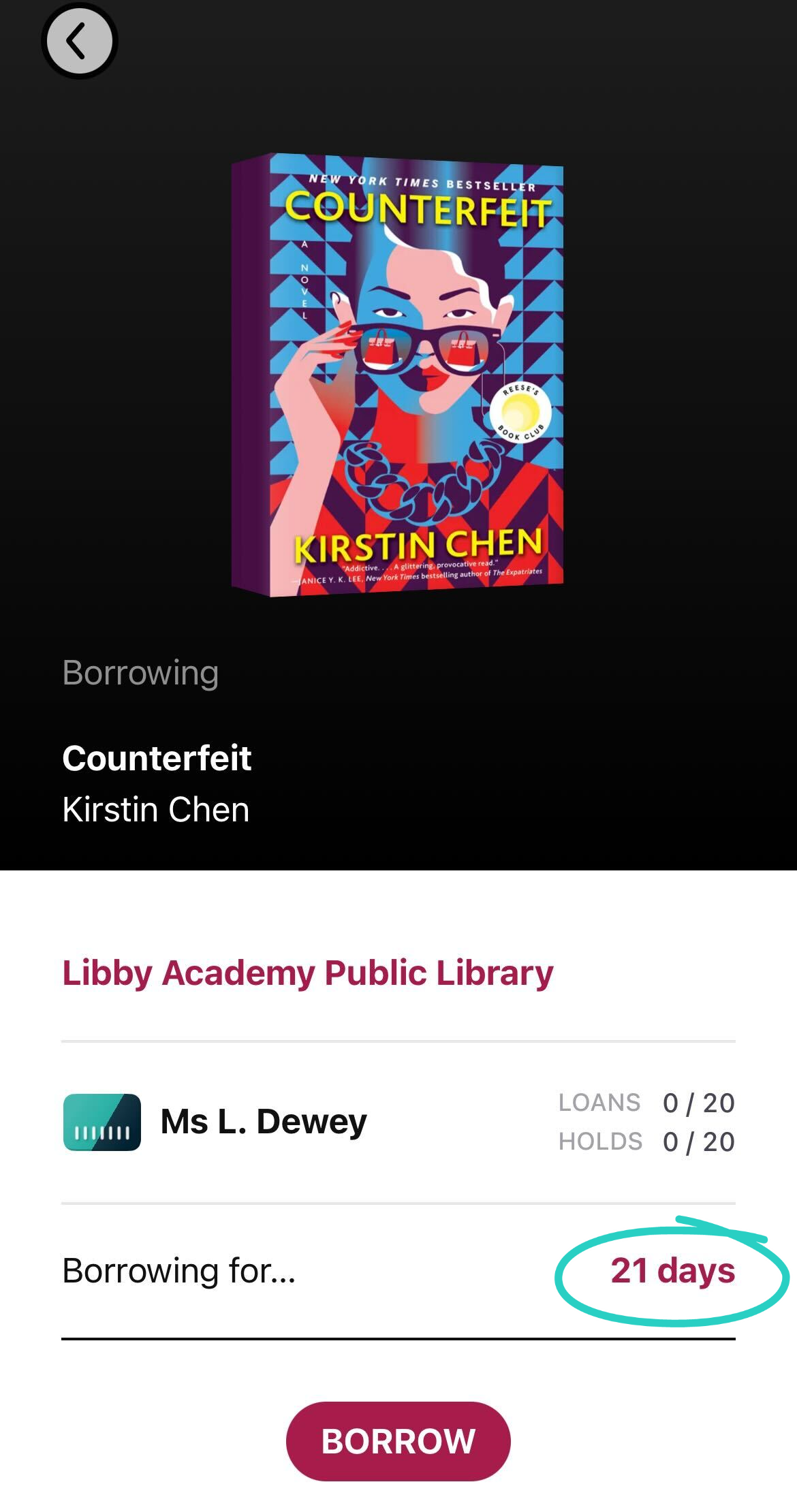 Écran de confirmation dans Libby. La période d’emprunt est à droite de « Emprunt de ».